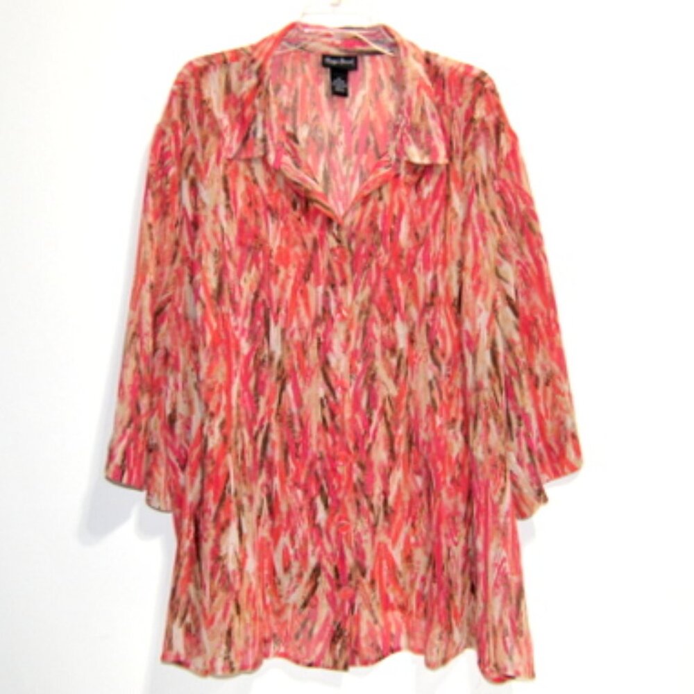 Maggie Barnes Women's Multicolor Abstract Button Down 3/4 Sleeve Top - Size: 4X